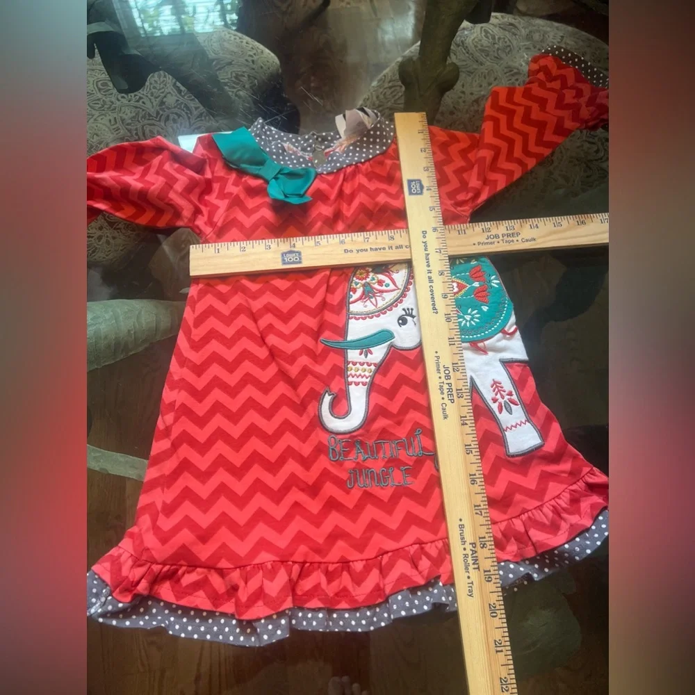 Counting Daisies Girls Orange Teal Long Sleeve Elephant Embroidered Dress Sz 4